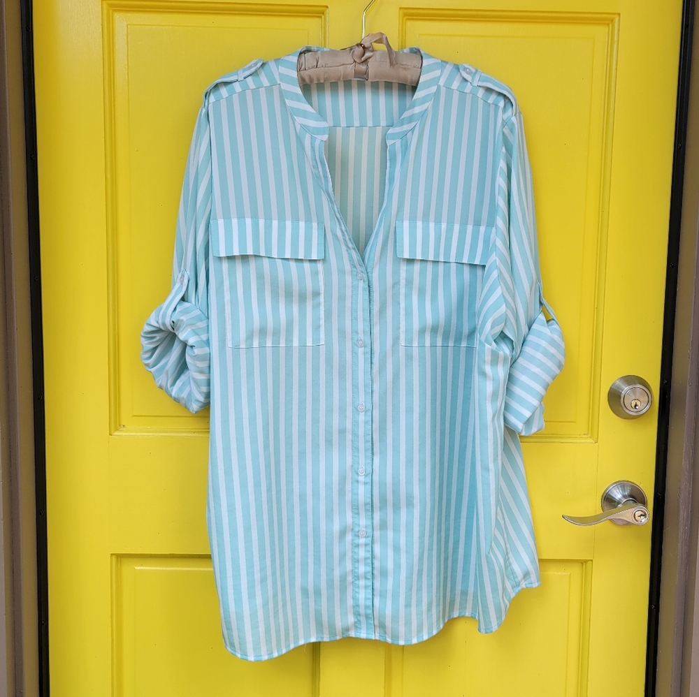 Calvin Klein Mint Stripe Roll Tab Oversized Blouse Top Coastal Quiet Luxury XL